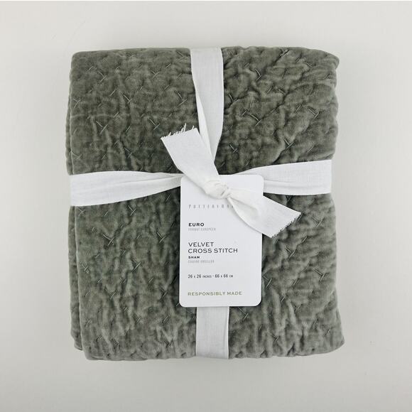 Pottery Barn Euro Sham Pillow Cover 26x26 Velvet Cross Stitch Eucalyptus Green - Picture 1 of 6